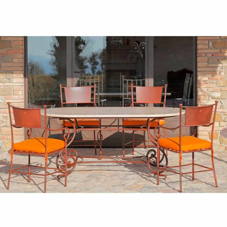 Travertin udendørs bord med mosaikindsatser fremstillet i Italien - elegant Viadurini