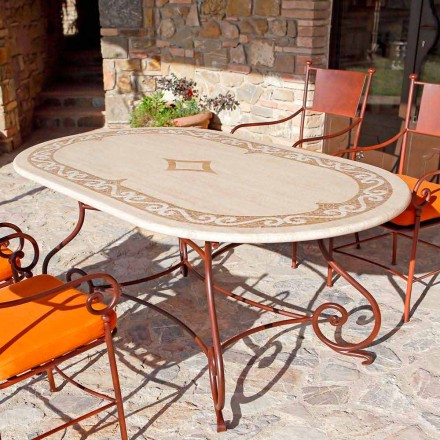 Travertin udendørs bord med mosaikindsatser fremstillet i Italien - elegant Viadurini