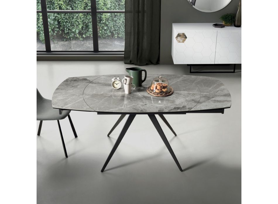 Spisebord, der kan udvides til 180 cm i Grès med metalunderstell - Beatriz Viadurini