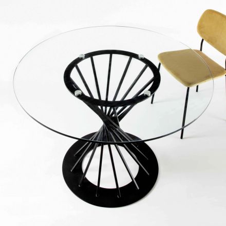 Spisebord med rund hærdet glasplade og stålbase - Mileto Viadurini