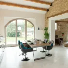 Spisebord i genbrugt tropisk træ og metalben - rutsjebane Viadurini