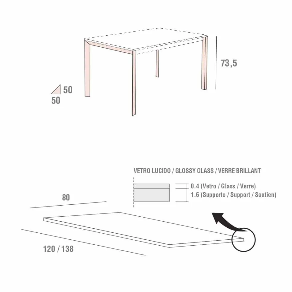 Spisebord i hvidt glas og malet metal fremstillet i Italien - Broche Viadurini