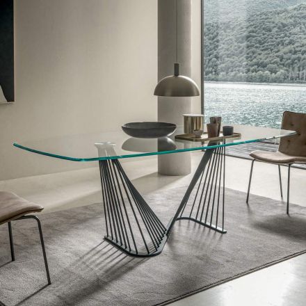 Spisebord glasplade og metalreb understel 2 størrelser - Alariko Viadurini