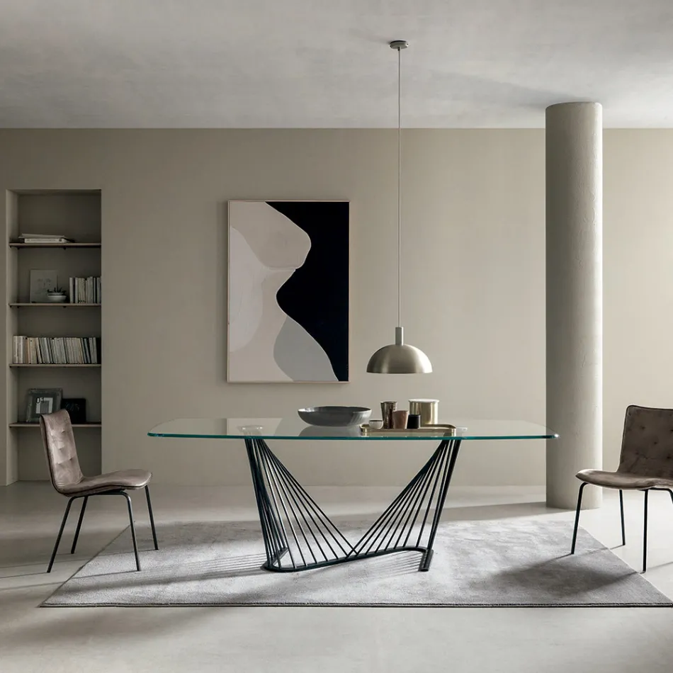 Spisebord glasplade og metalreb understel 2 størrelser - Alariko Viadurini