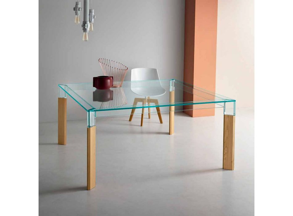Spisebord Glasplade og massivt træbund lavet i Italien - Presino Viadurini