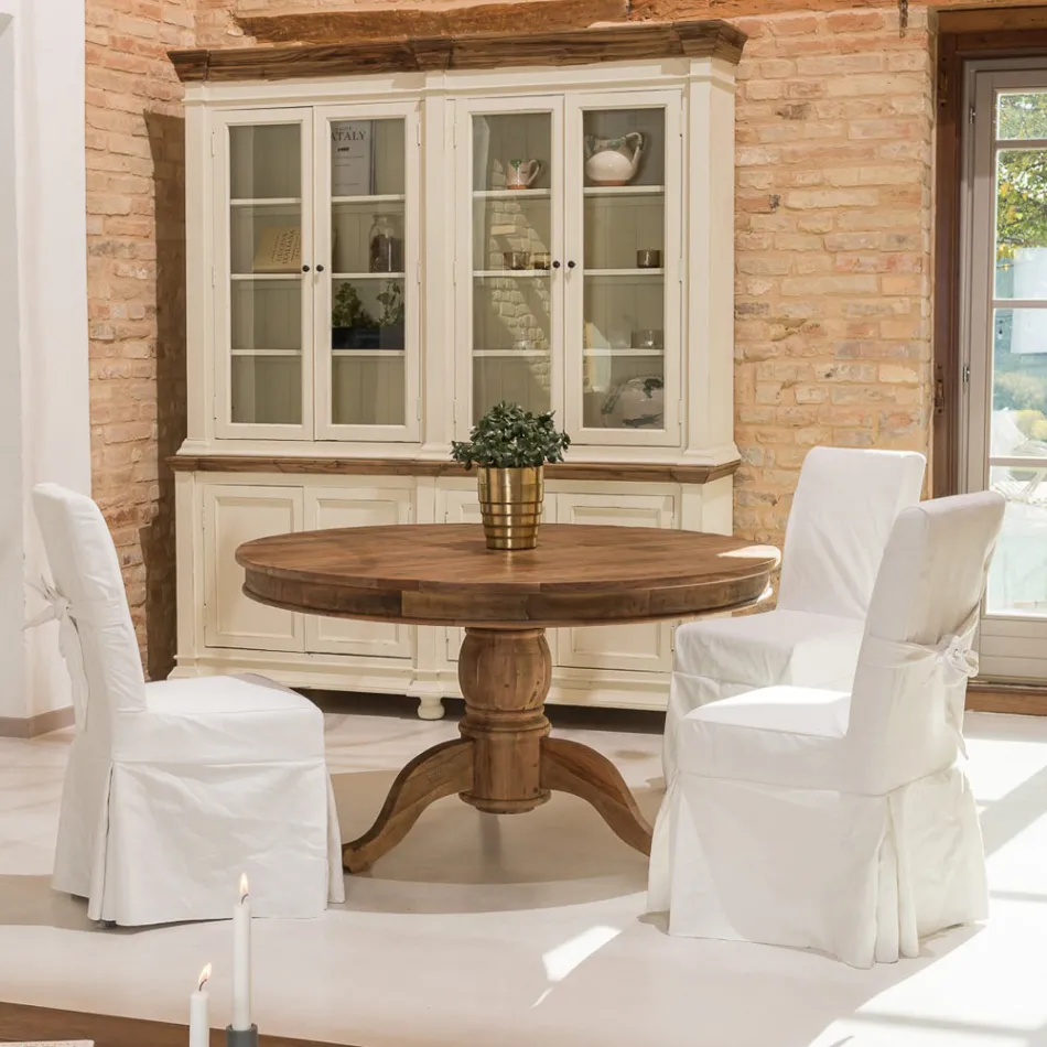 Rundt spisebord i tropisk genbrugstræ med central base - rutsjebane Viadurini