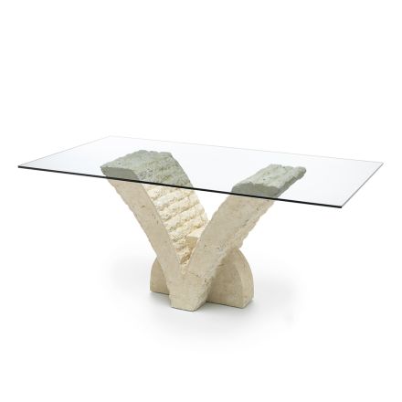 Stuebord i hærdet glas og Fossil Stone Base - Vittoria Viadurini