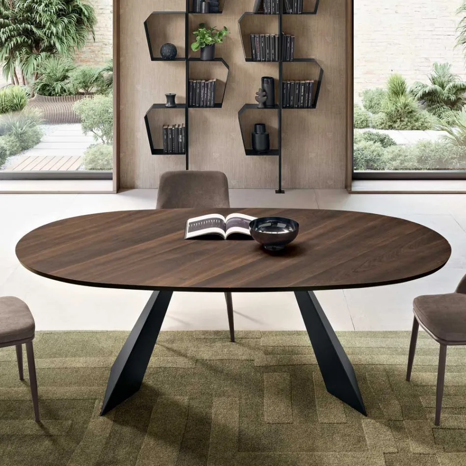 Fast bord 210x109 cm i metal og oval fineret eg - Marcello Viadurini