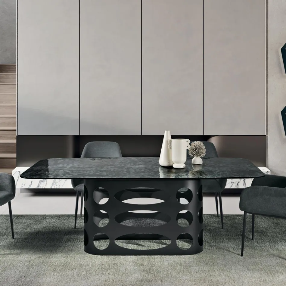 Fast bord 210x110 cm med hamret glasplade Fremstillet i Italien - Tano Viadurini