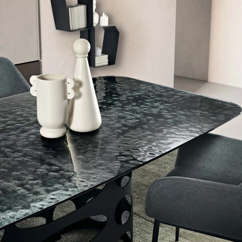 Fast bord 210x110 cm med hamret glasplade Fremstillet i Italien - Tano Viadurini