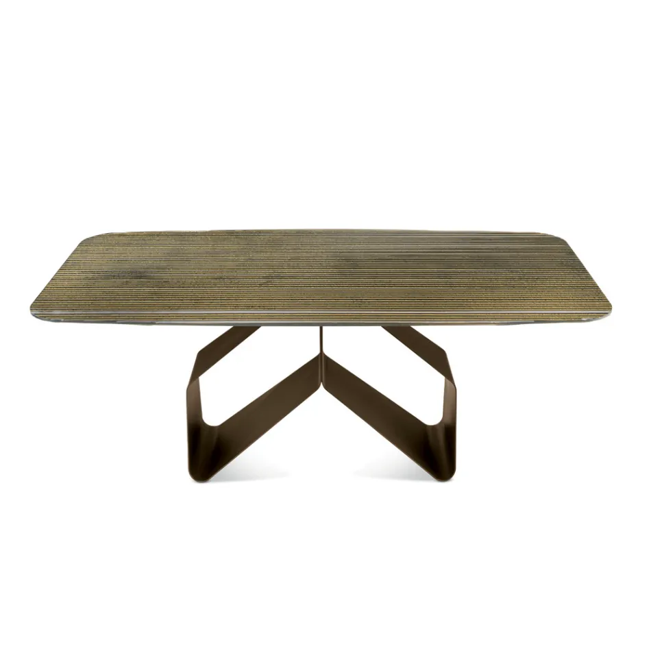 Fast bord 210x110 cm med ribbet glasplade og metalfod - Adriano Viadurini