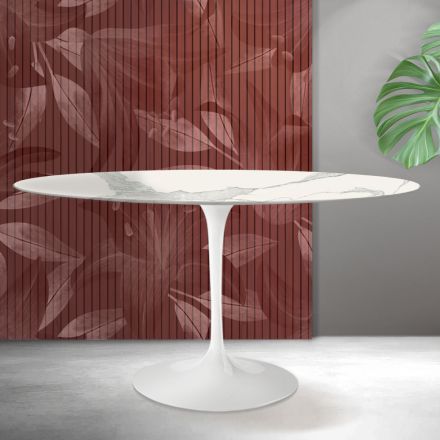 Ovalt Tulip Saarinen-bord H 74 cm i mat Florim Statuario-keramik - Skarlagenrød Viadurini