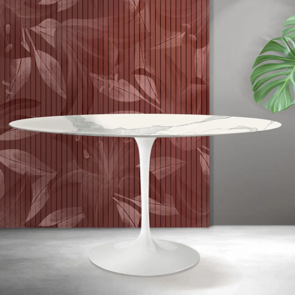 Ovalt Tulip Saarinen-bord H 74 cm i mat Florim Statuario-keramik - Skarlagenrød Viadurini