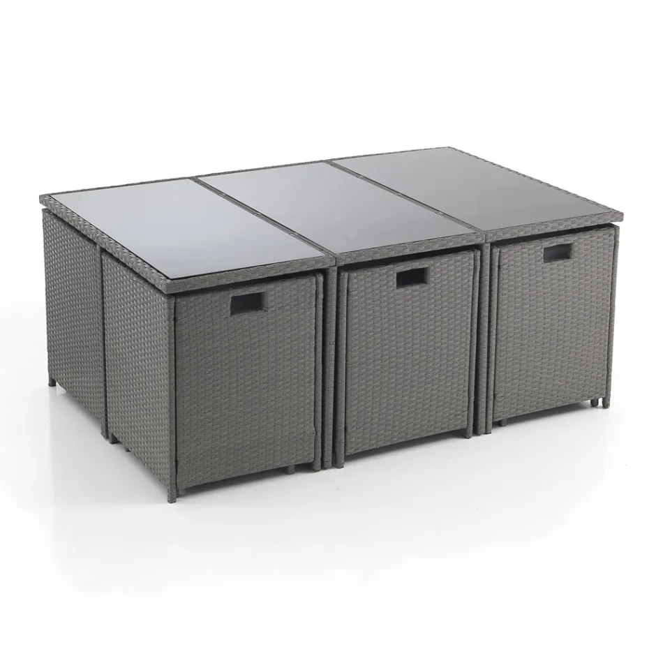 Indendørs og udendørs bord med 6 stole med tilbagelænet ryglæn og 4 puf - Venir Viadurini