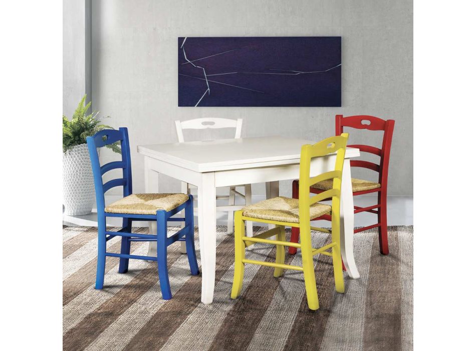 Udtrækkeligt firkantet bord og 4 farvede stole lavet i Italien - koral Viadurini