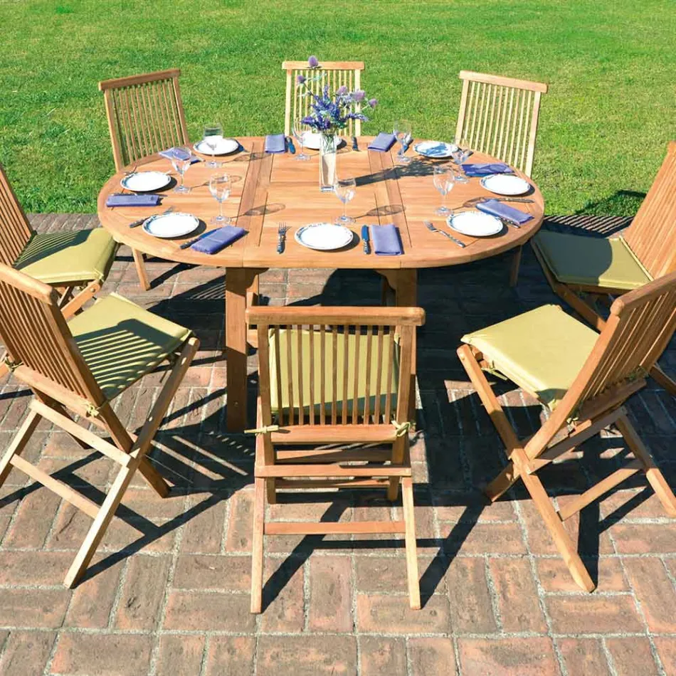 Rundt udendørsbord, der kan forlænges til 170 cm Fremstillet af teaktræ - Armonia Viadurini