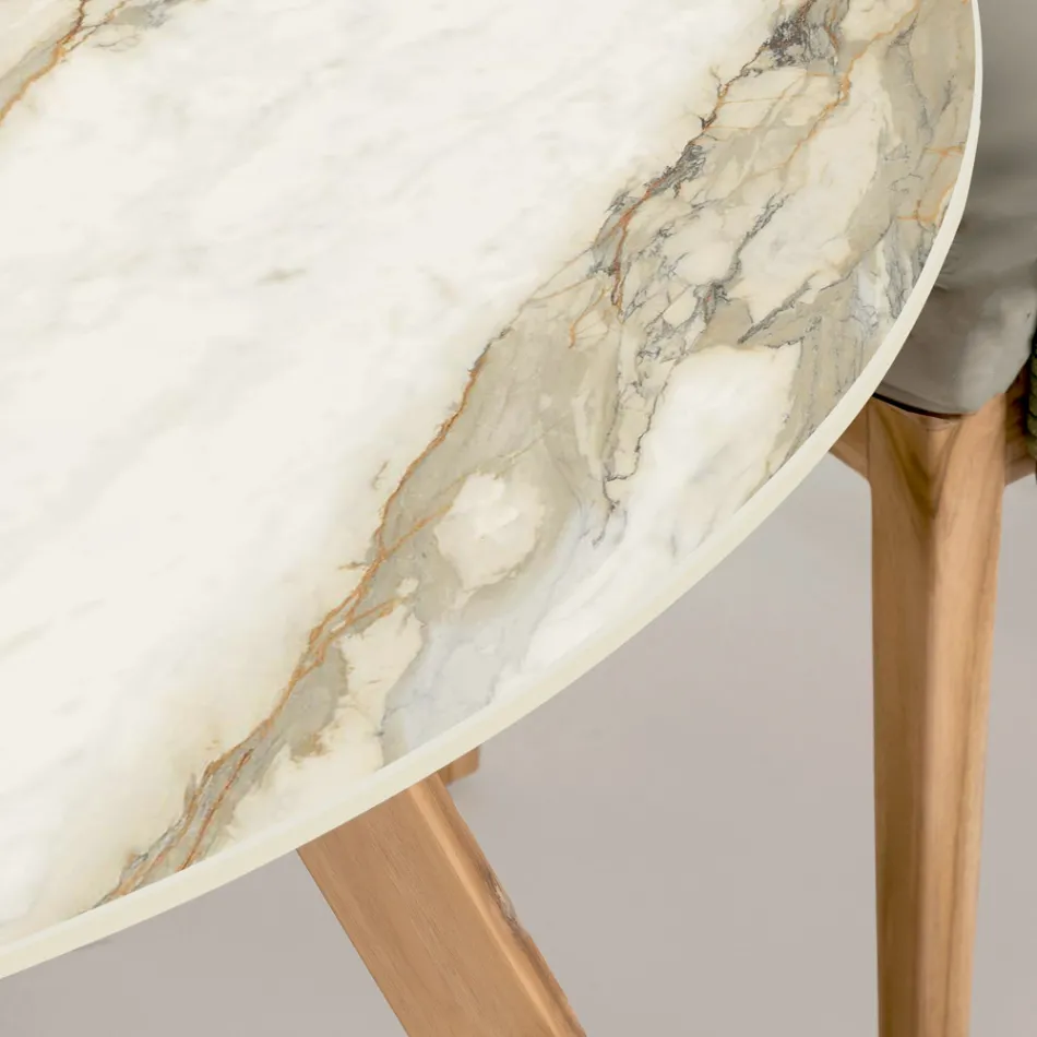Rundt udendørs keramisk bord Calacatta Hermitage Lavet i Italien - Pegaso Viadurini
