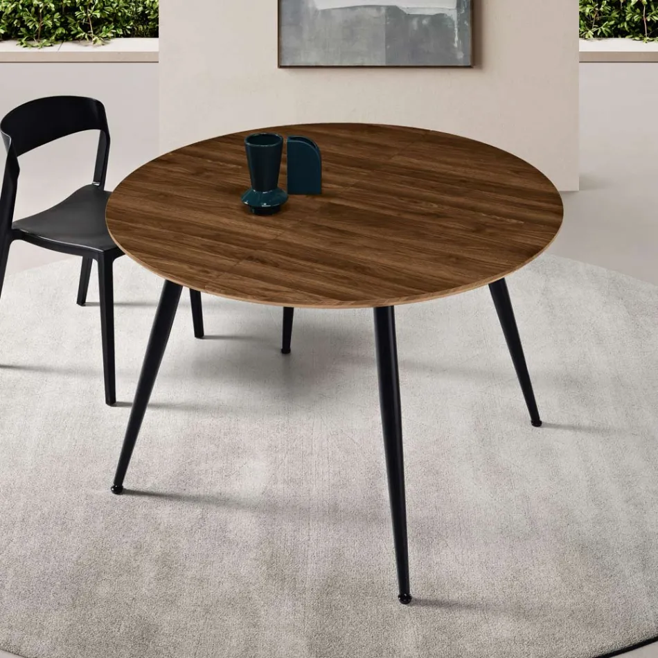Rundt bord med seks siddepladser, MDF-plade og metalbase - Croma Viadurini