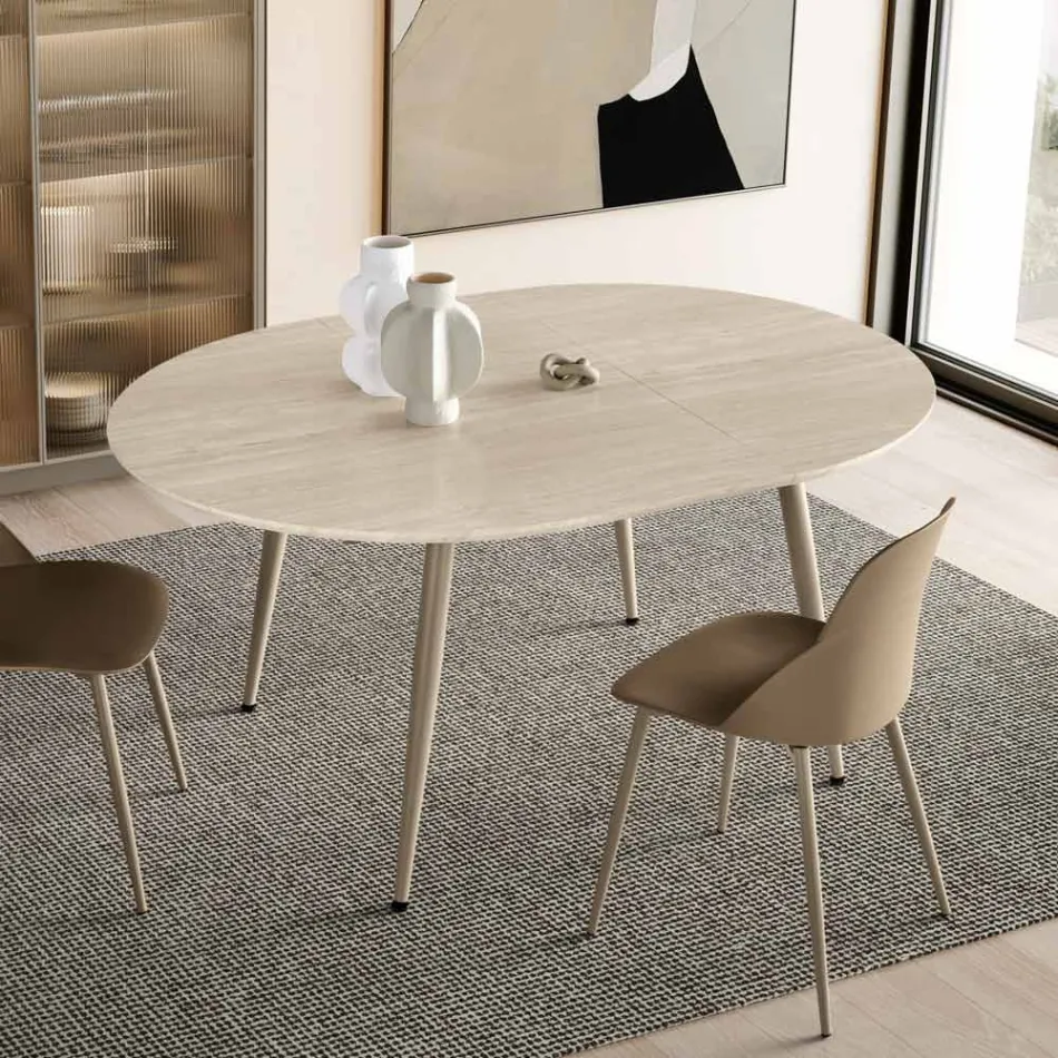 Rundt bord med seks siddepladser, MDF-plade og metalbase - Croma Viadurini