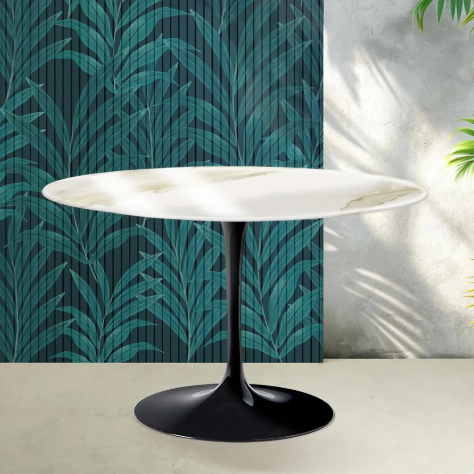 Saarinen Tulip Rundbord H 74 cm i Florim Calacatta Guld Glans Keramik - Skarlagenrød Viadurini