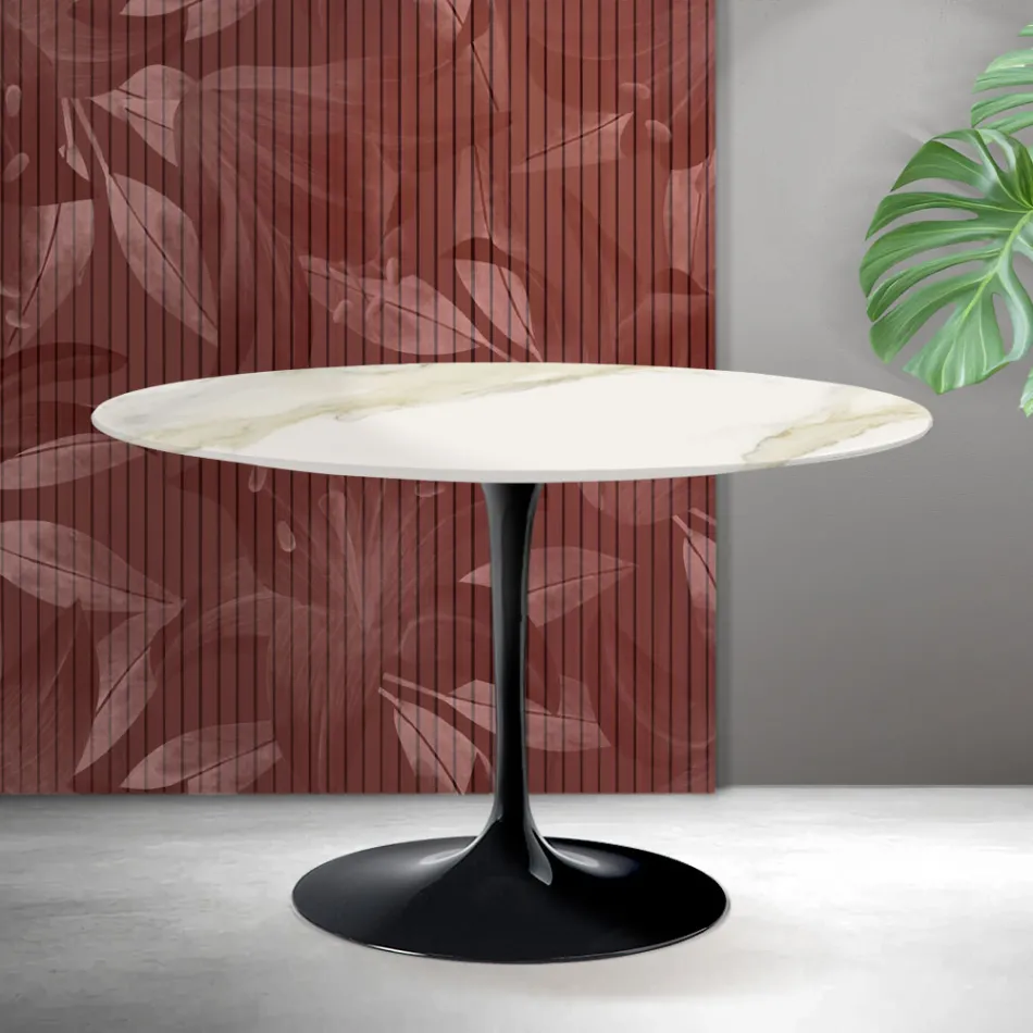 Saarinen Tulip Rundbord H 74 cm i Florim Calacatta Guld Mat Keramik - Skarlagenrød Viadurini