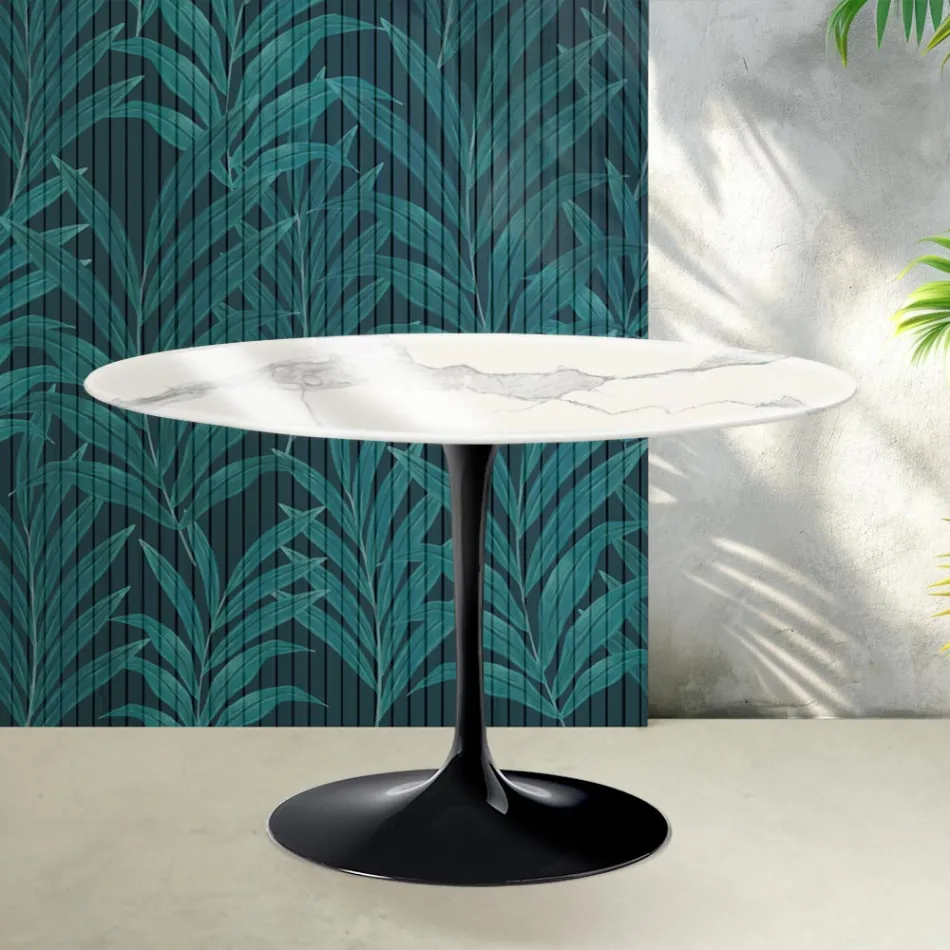 Saarinen rundt tulipanbord H 74 cm i blank Statuario Florim keramik - skarlagenrød Viadurini