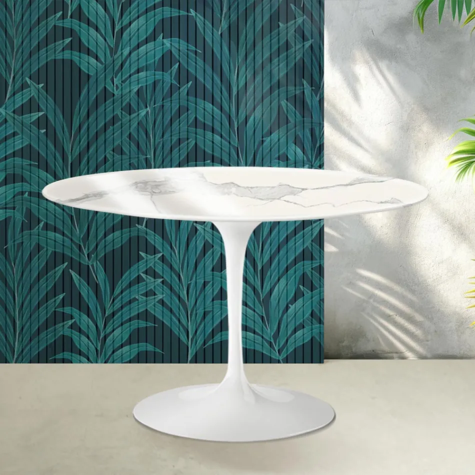 Saarinen rundt tulipanbord H 74 cm i blank Statuario Florim keramik - skarlagenrød Viadurini