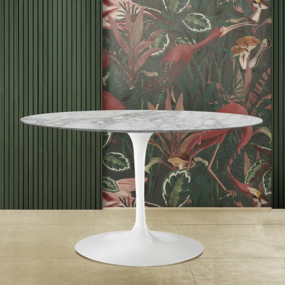 Eero Saarinen Tulip Table H 73 med oval top i Arabescato-marmor fremstillet i Italien - Scarlet Viadurini