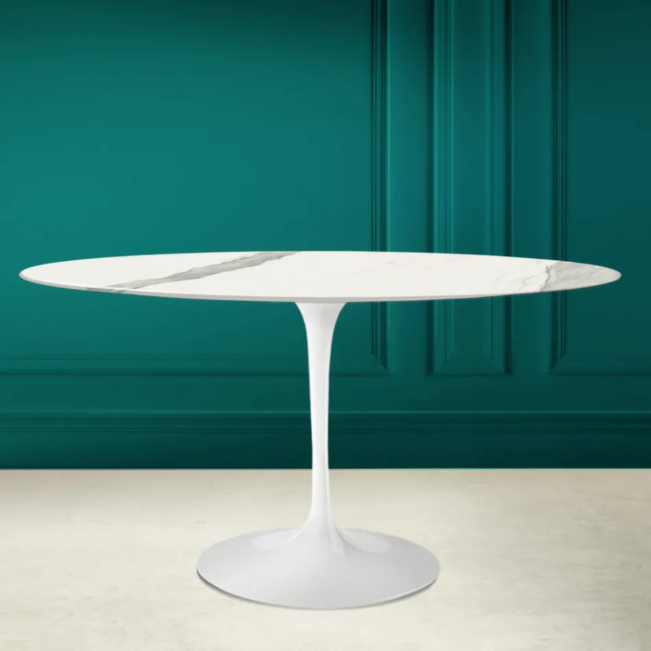 Tulip Table Eero Saarinen H 73 Oval i Statuario Ceramic Full Vein - Scarlet Viadurini
