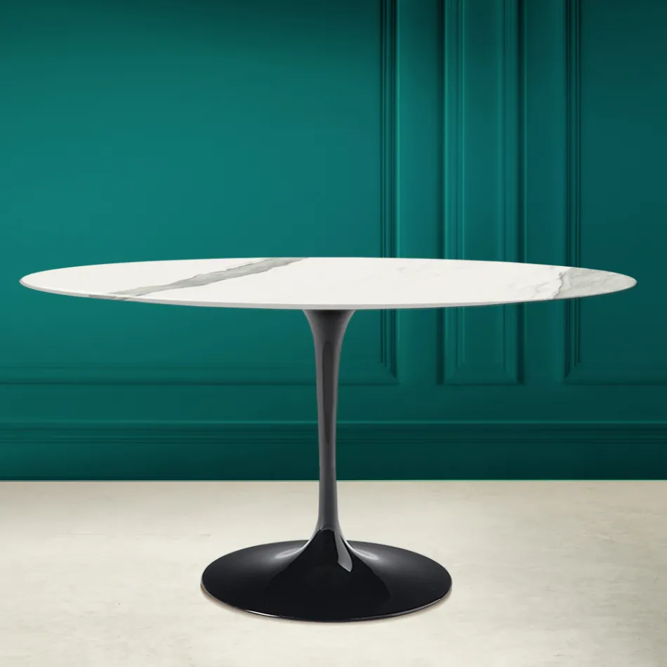 Tulip Table Eero Saarinen H 73 Oval i Statuario Ceramic Full Vein - Scarlet Viadurini