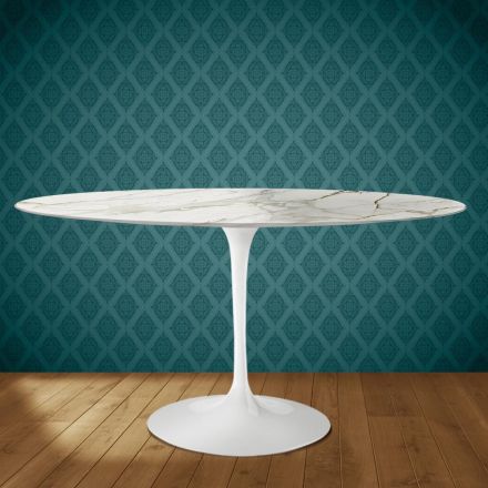 Eero Saarinen Tulipbord H 74 Ovalt i Blank Keramik Lavet i Italien - Skarlagenrød Viadurini