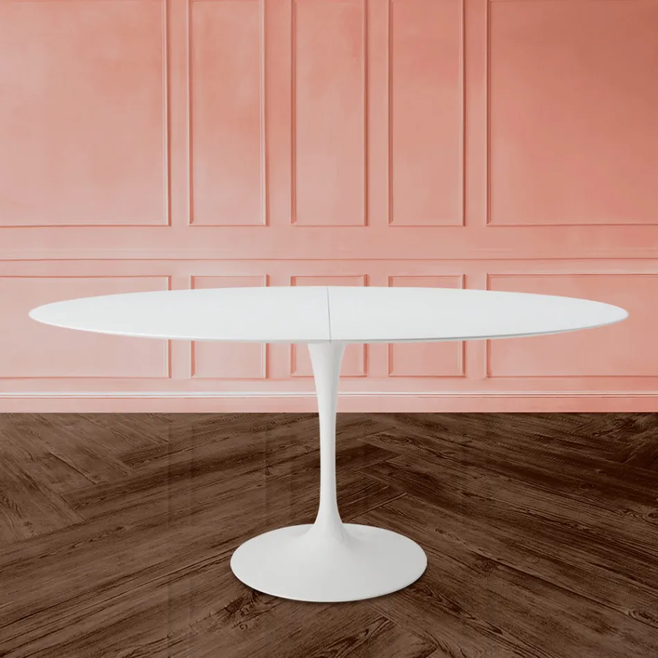 Tulip Table Eero Sarinen H 73 Oval Extendable i hvid flydende laminat - Scarlet Viadurini