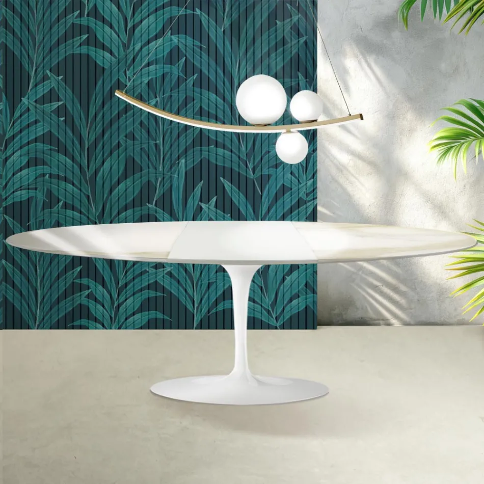 Saarinen Tulip-bord H 74 cm, udtrækkeligt i Florim Calacatta guldglans keramik - skarlagenrød Viadurini