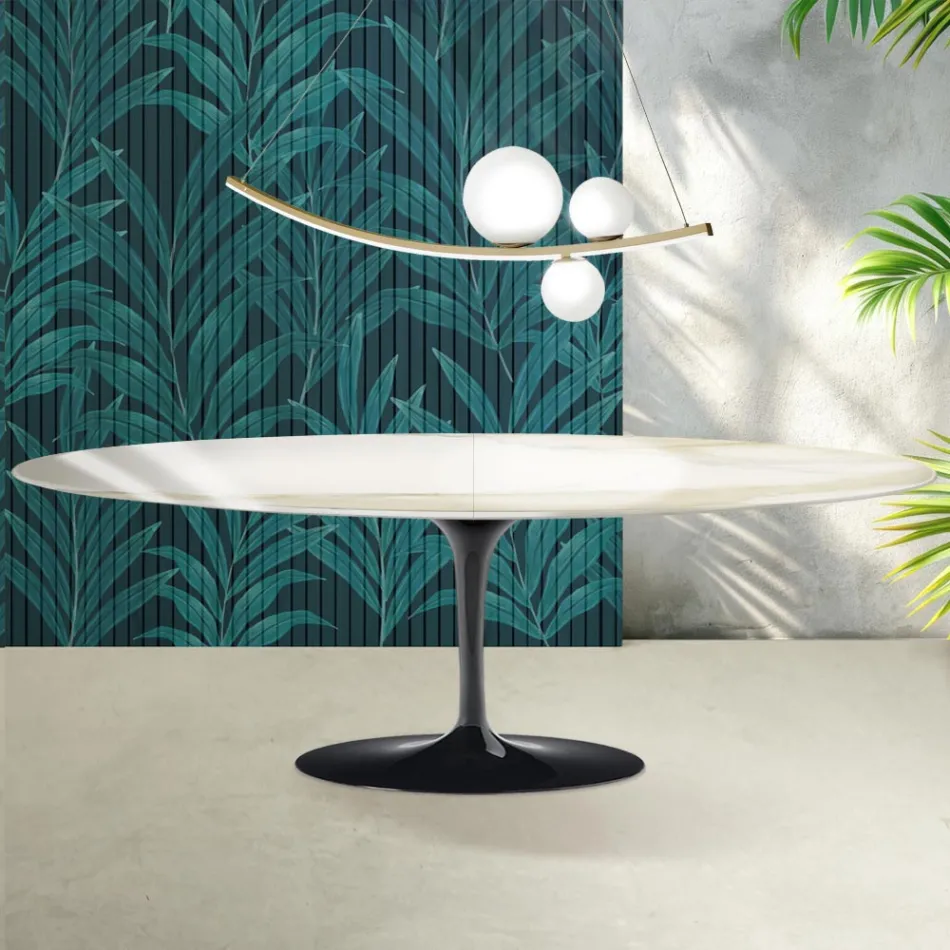 Saarinen Tulip-bord H 74 cm, udtrækkeligt i Florim Calacatta guldglans keramik - skarlagenrød Viadurini