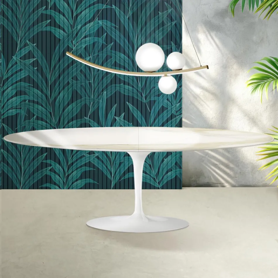 Saarinen Tulip-bord H 74 cm, udtrækkeligt i Florim Calacatta guldglans keramik - skarlagenrød Viadurini