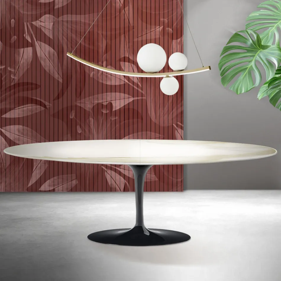 Saarinen Tulip-bord H 74 cm, udtrækkeligt i Florim Calacatta guldmat keramik - skarlagenrød Viadurini
