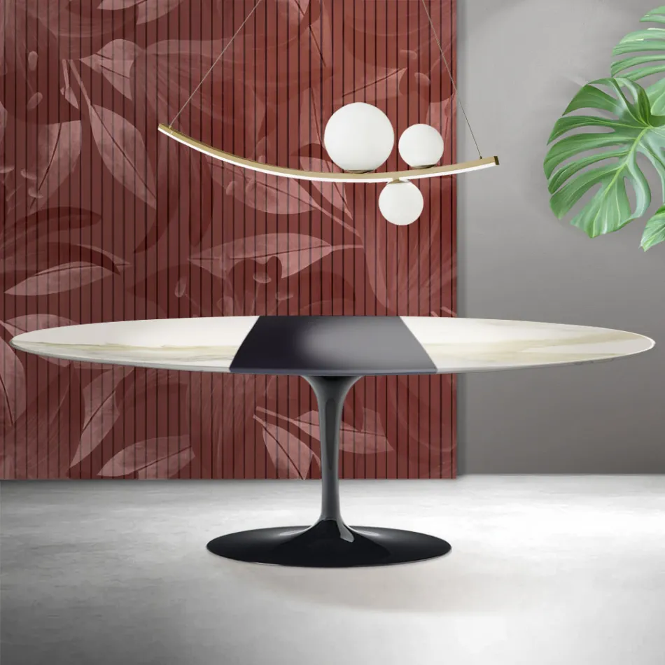 Saarinen Tulip-bord H 74 cm, udtrækkeligt i Florim Calacatta guldmat keramik - skarlagenrød Viadurini