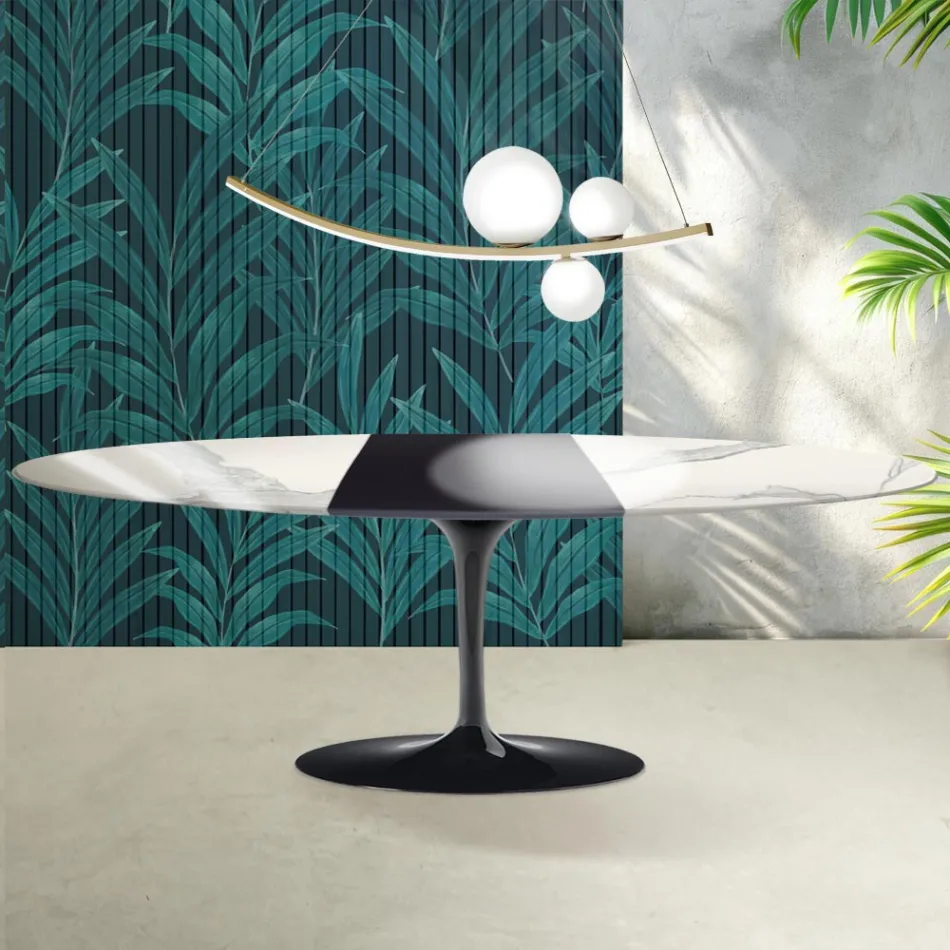 Saarinen Tulip-bord H 74 cm, udtrækkeligt, i Florim Statuario blank keramik - skarlagenrød Viadurini