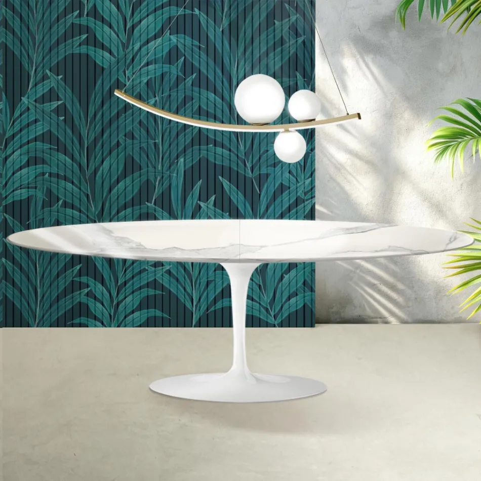 Saarinen Tulip-bord H 74 cm, udtrækkeligt, i Florim Statuario blank keramik - skarlagenrød Viadurini