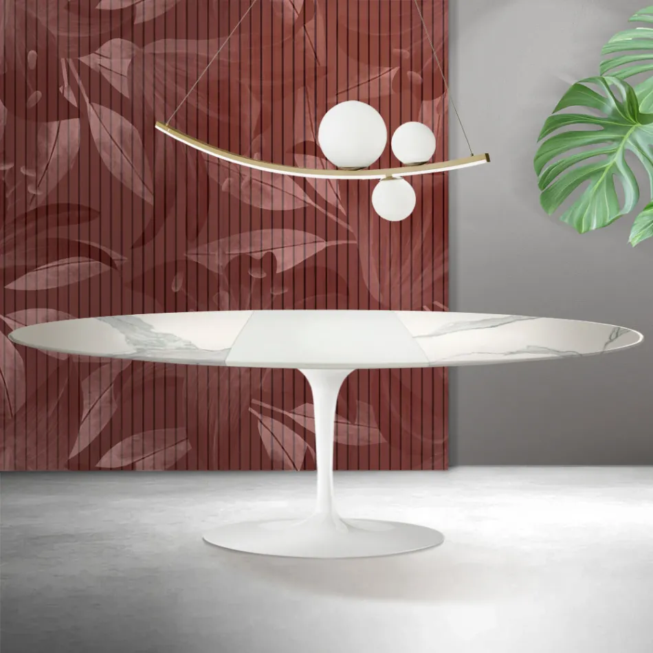 Saarinen Tulip-bord H 74 cm, udtrækkeligt, i Florim Statuario mat keramik - skarlagenrød Viadurini