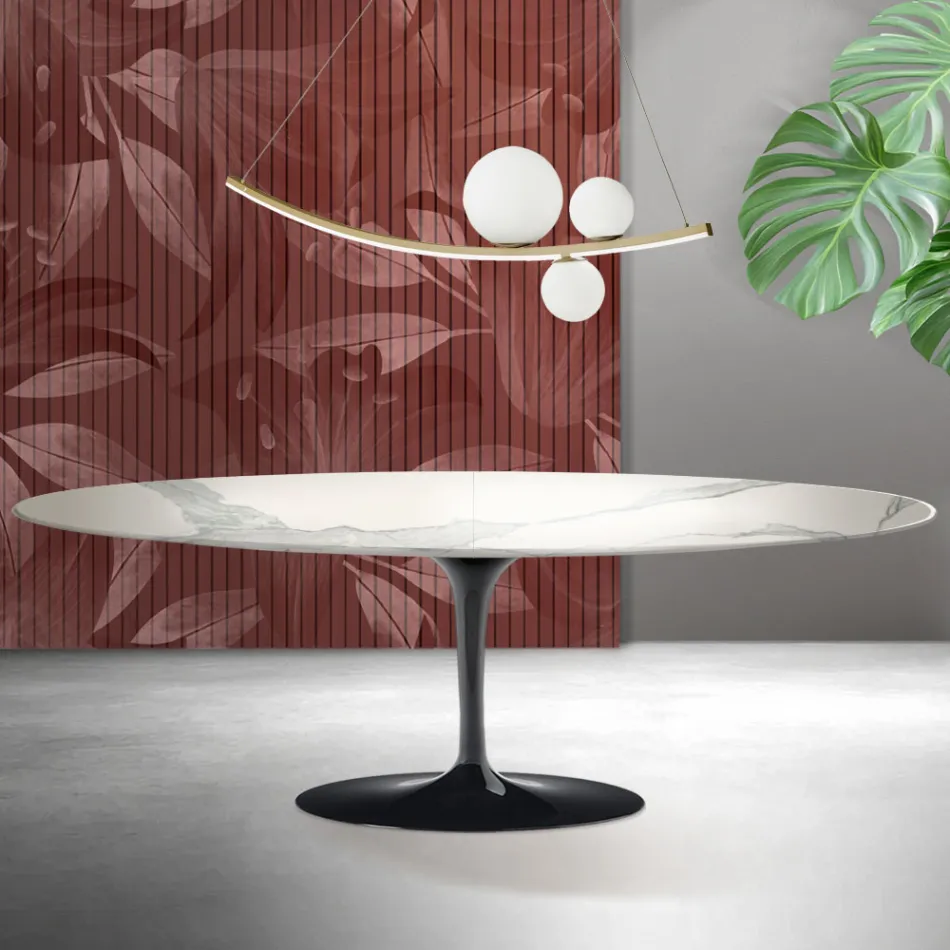 Saarinen Tulip-bord H 74 cm, udtrækkeligt, i Florim Statuario mat keramik - skarlagenrød Viadurini