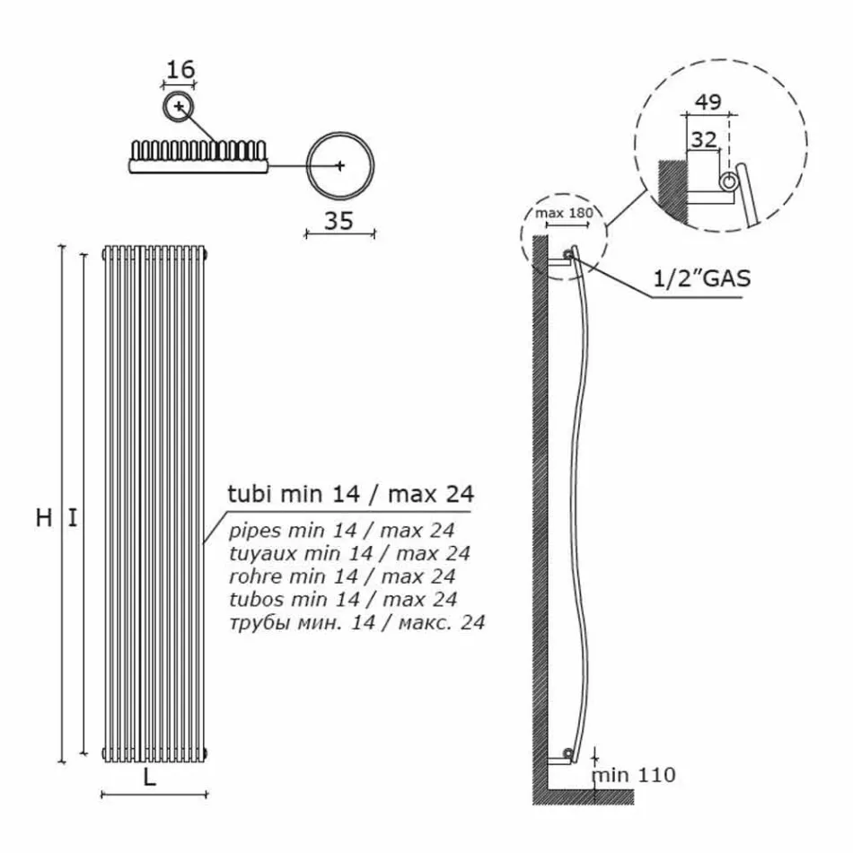 Lodret badeværelsesradiator Modern Design Wavy 1181 Watt - Tucano Viadurini