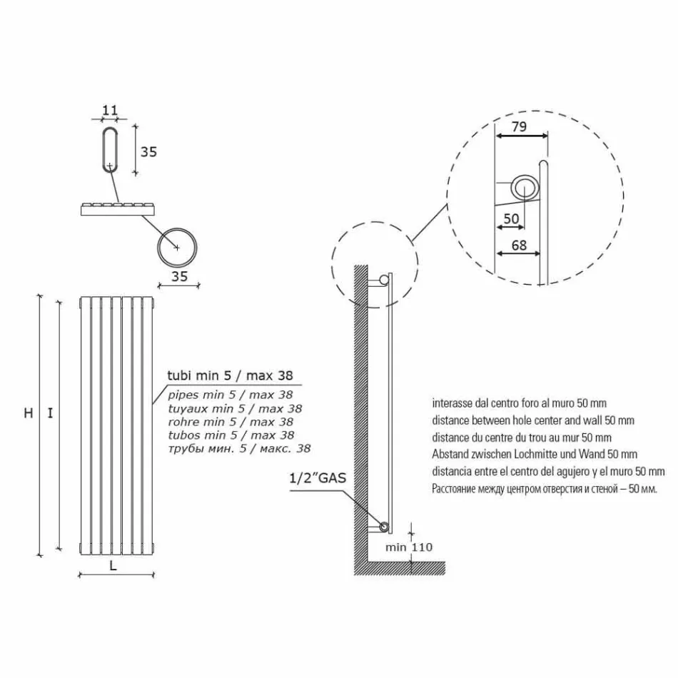 Moderne design lodret hydraulisk vægradiator op til 1224 watt - Regolo Viadurini