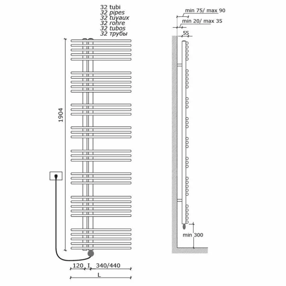 Elektrisk opvarmet håndklædestang i forkromet stål design 700 W - påfugl Viadurini
