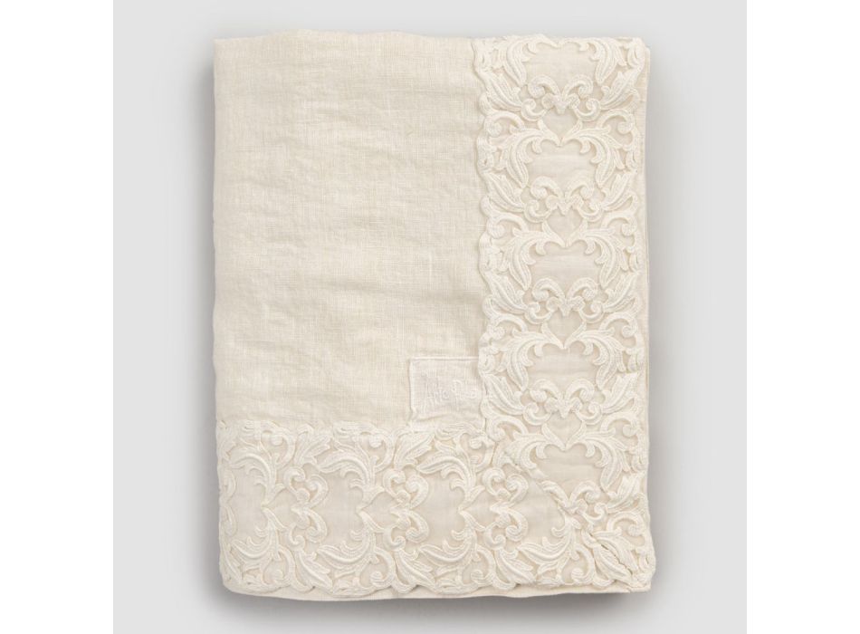 Hvid eller smør linned dug med Farnese blonder rektangulært design - Kippel Viadurini