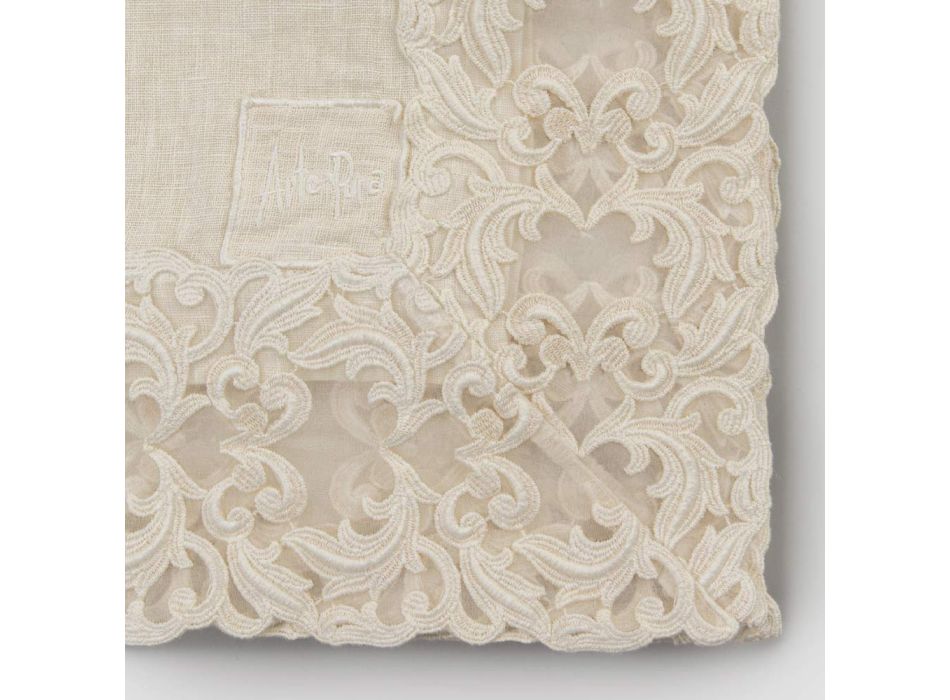 Beige linned firkantet duge med håndlavet luksus Farnese blonder - Kippel Viadurini