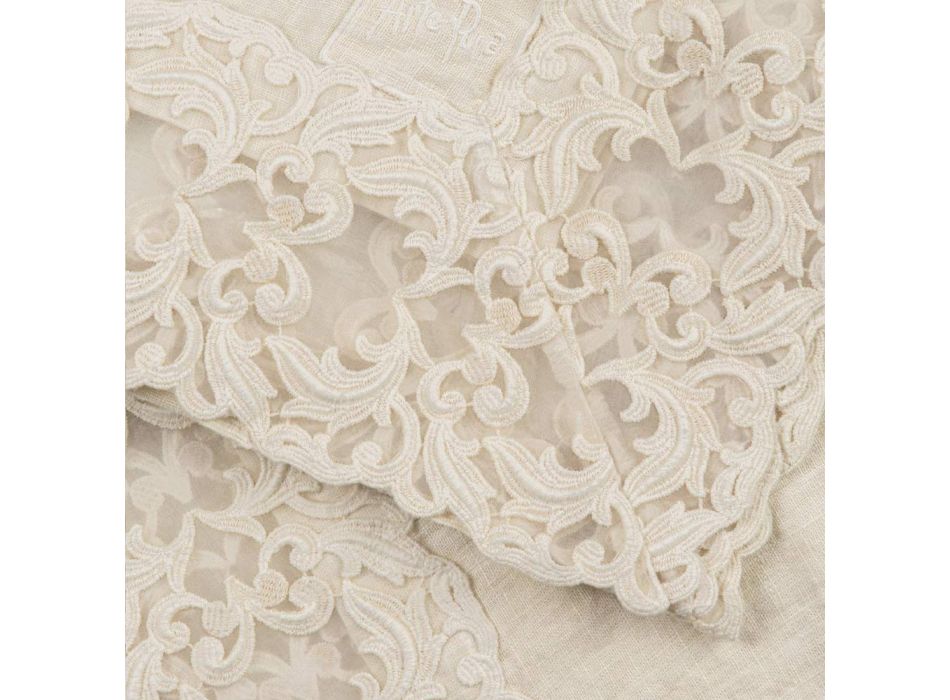 Beige linned firkantet duge med håndlavet luksus Farnese blonder - Kippel Viadurini