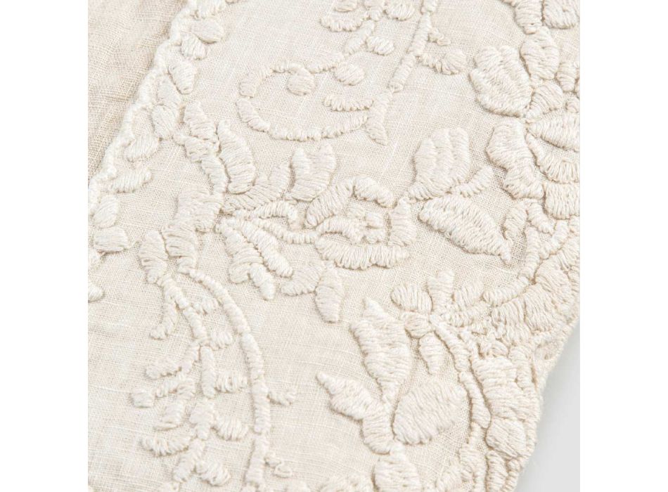 Beige linned firkantet duge med håndlavet luksus kronblad broderi - Vippel Viadurini