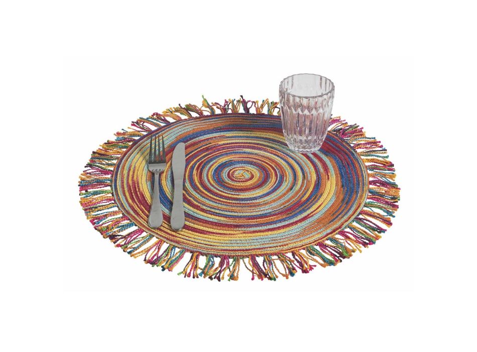 Amerikansk rund farvet polyester dækkeservietter med frynser 12 stk - Ariest Viadurini