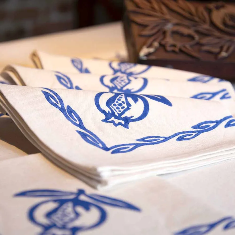 Serviet i blandet linned med håndtryk unikt stykke fremstillet i Italien - mærker Viadurini